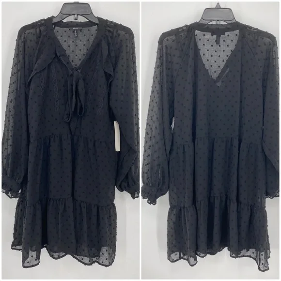 Aqua NWT Ruffle Clip Dot Mini Dress Pussy Bow Bishop Sleeves V Neck Black New - Picture 3 of 13